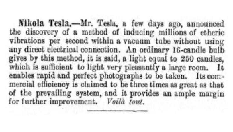 Preview of Nikola Tesla - Announcement of Wireless Light article