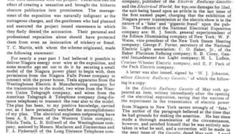 Preview of Niagara Power Transmission, the Electrical Exposition and Mr. Johnston's Libel Suit article