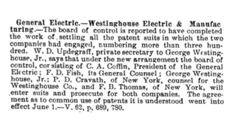 Preview of General Electric - Westinghouse Electric & Manufacturing Settle Patents article