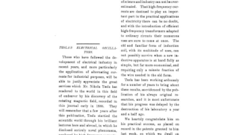 Preview of Tesla's Electrical Oscillators - Editorial article