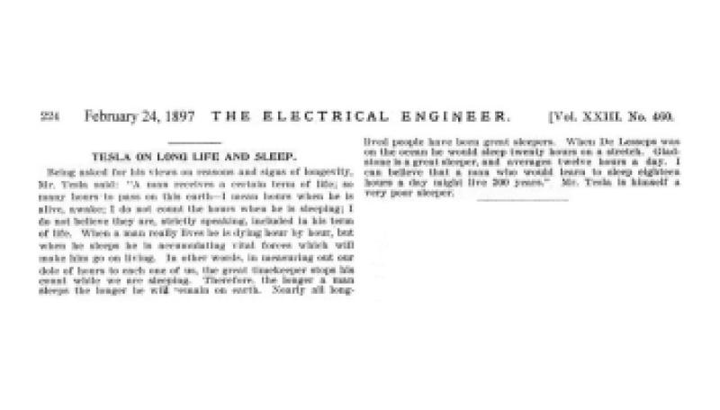 Preview of Tesla on Long Life and Sleep article