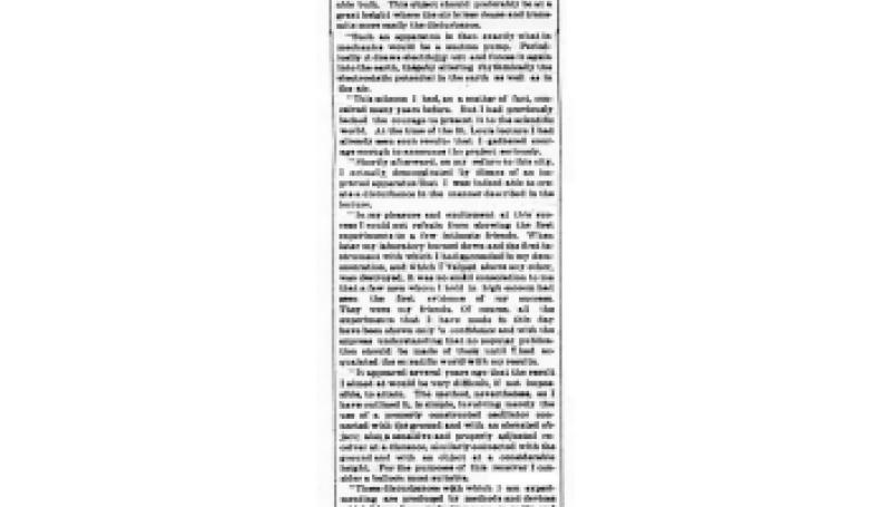 Preview of Nikola Tesla's Experiments - Denies The He Announced Completion of His Wireless Telegraphy Tests article
