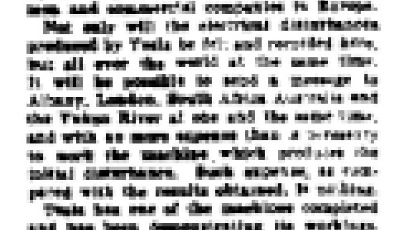 Preview of Tesla's Invention - He Has a Machine for Wireless Telegraphy of a Kind Superior to that of Marconi article