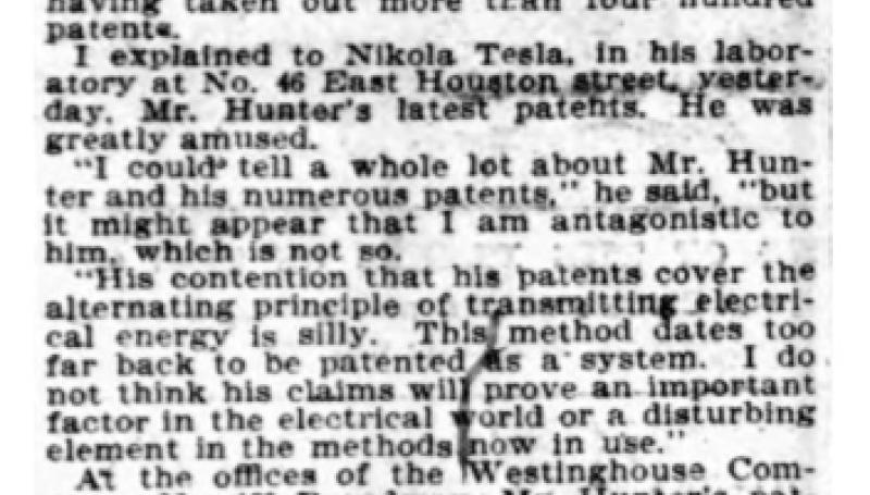 Preview of Electricians in This City Regard the Hunter Patents as Amusing article