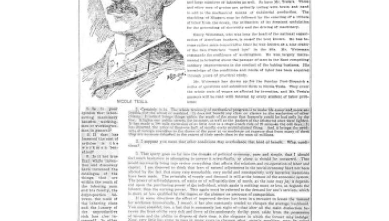 Preview of Nikola Tesla Sees No Danger to Labor in the Increase of Machinery and Electrical Progress article