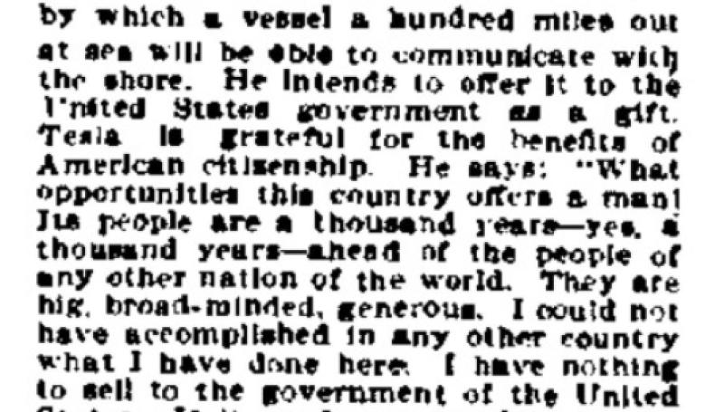 Preview of Nikola Tesla to Offer Invention to Government as a Gift article