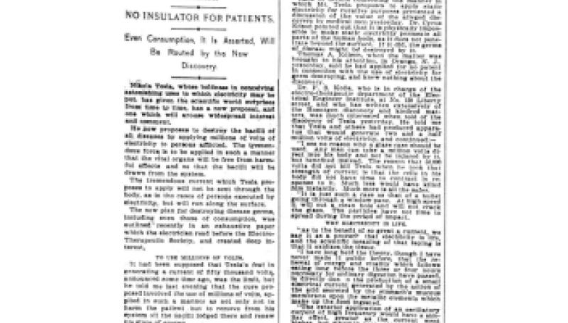 Preview of Electric Current to Kill Bacilli - Nikola Tesla Proposes to Annihilate Disease by Using Millions of Volts article