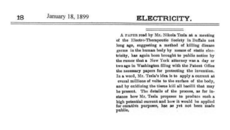 Preview of Rumor of Patent Filed in Response to Tesla's Lecture before the Electro-Therapeutic Society article