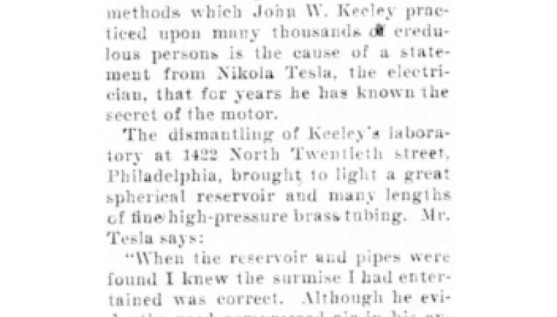 Preview of Knew Keeley's Secret - Tesla Says He Surmised the Methods article