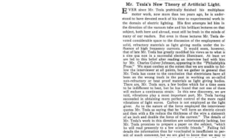 Preview of Mr. Tesla's New Theory of Artificial Light article