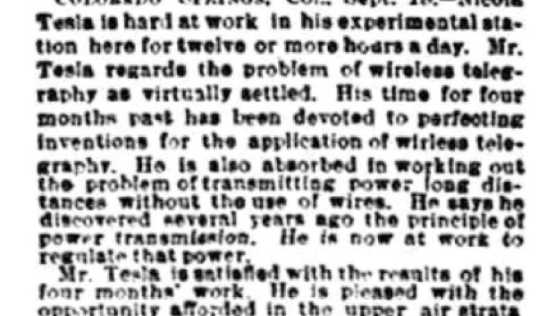 Preview of Tesla's Work in Colorado - Trying to Solve the Problem of Transmitting Power Long Distances Without Wires article
