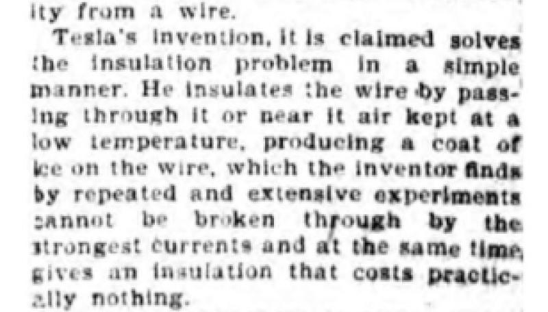 Preview of Tesla's Invention - Believed the Problem of Effective Wire Insulation Has Been Solved (reprint 2) article
