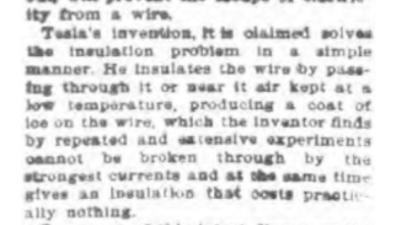 Preview of Tesla's Invention - Believed the Problem of Effective Wire Insulation Has Been Solved (reprint 1) article