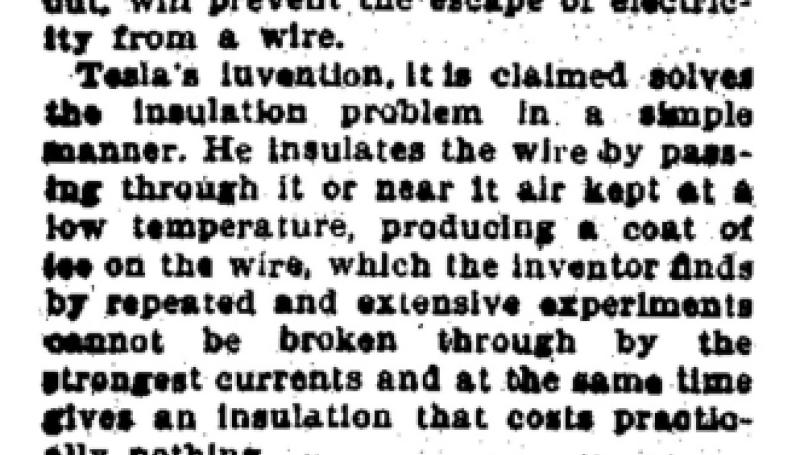 Preview of Tesla's Invention - Believed the Problem of Effective Wire Insulation Has Been Solved (reprint 3) article