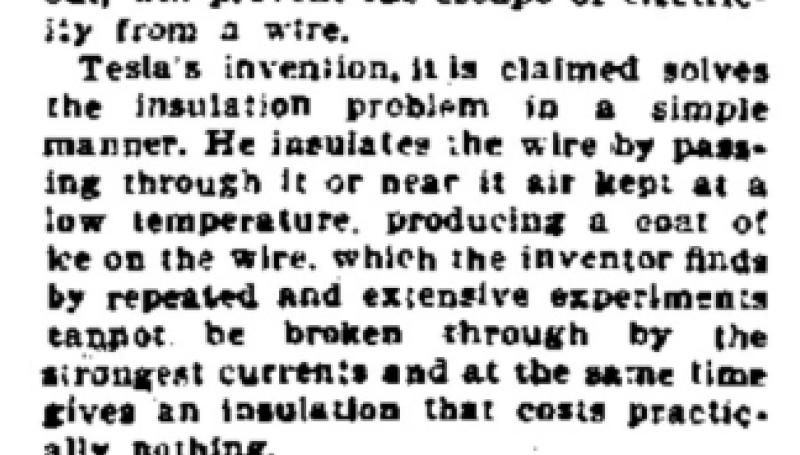 Preview of Tesla's Invention - Believed the Problem of Effective Wire Insulation Has Been Solved (reprint) article