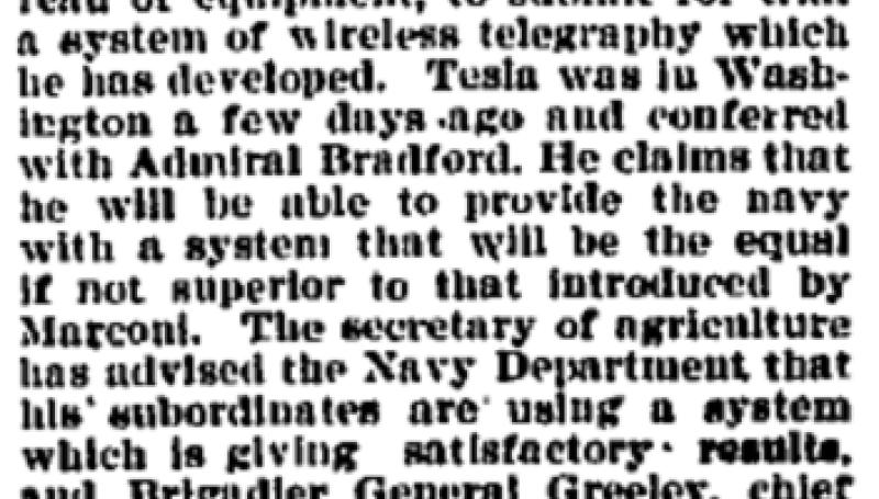 Preview of Nikola Tesla Invited to Submit His Wireless Telegraphy System to U.S. Navy article