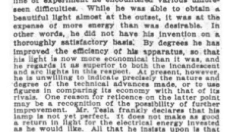Preview of Tesla's Vacuum Tube Light - The Inventor Encouraged by the Progress of His Work article