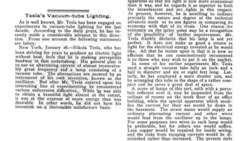 Preview of Tesla's Vacuum-tube Lighting article