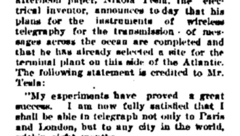 Preview of Tesla is Confident - Thinks He Has Mastered Wireless Telegraphy article