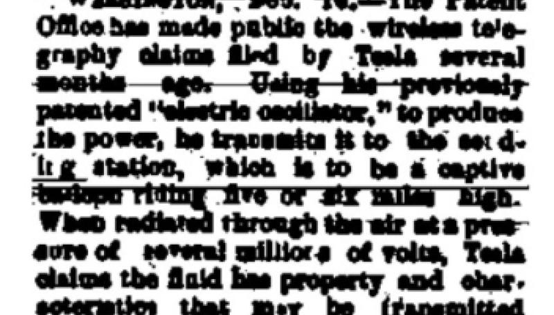 Preview of Wireless Telegraphy - Patent Office Makes Public Tesla's Claims article