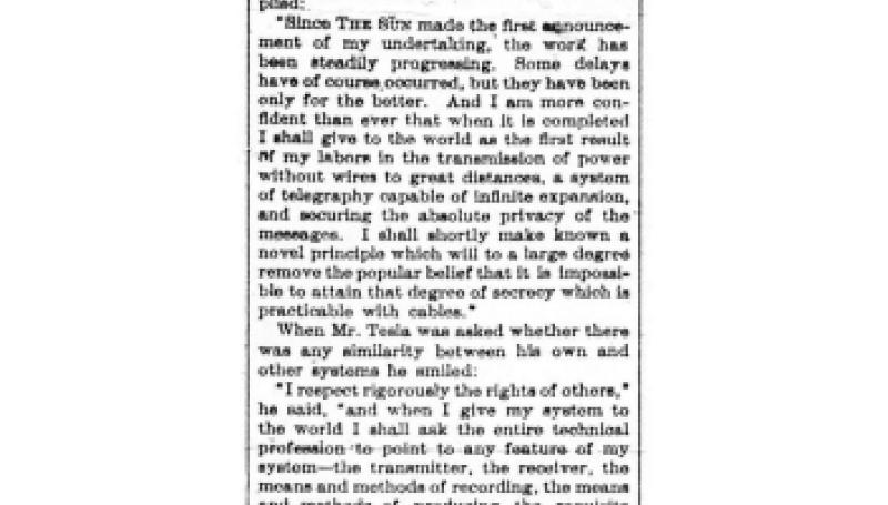 Preview of Tesla's Wireless Telegraph - Absolutely Private, Absolutely Original, Working to Great Distances article