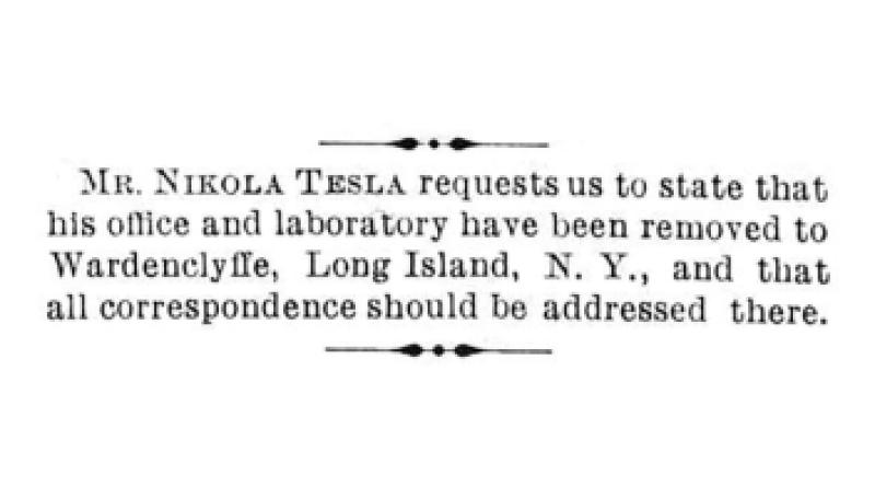 Preview of Nikola Tesla Announces Move To Wardenclyffe article