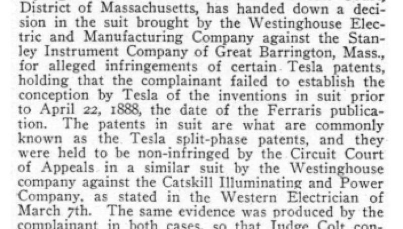 Preview of Stanley Instruments Held not to Infringe Tesla Split-phase Patents article