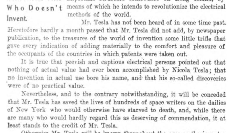 Preview of We Hear Again from Nikola Tesla Who Doesn't Invent article