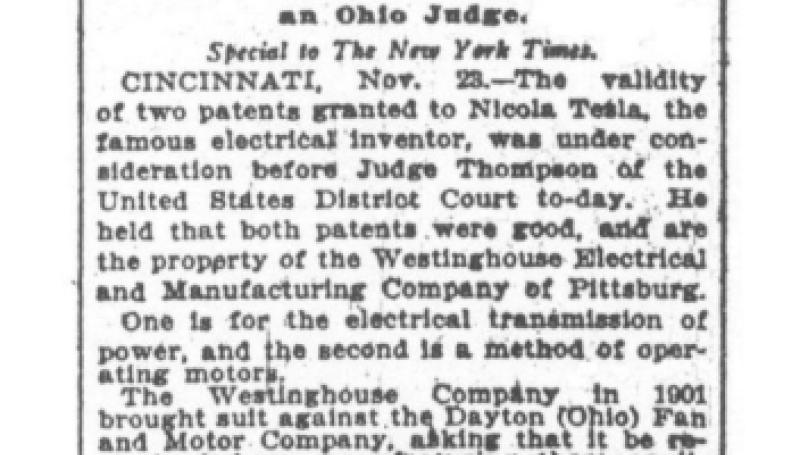Preview of Holds Tesla's Patents Good in Dayton Co. Suit article
