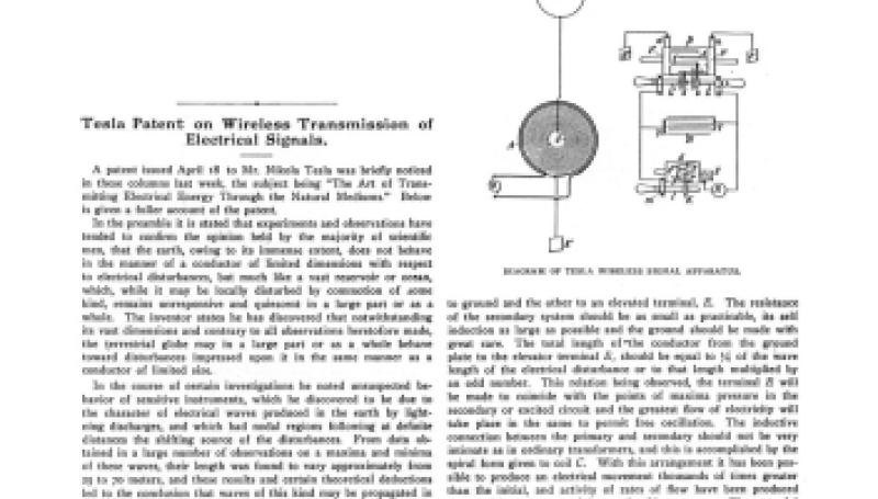 Preview of Tesla Patent on Wireless Transmission of Electrical Signals article