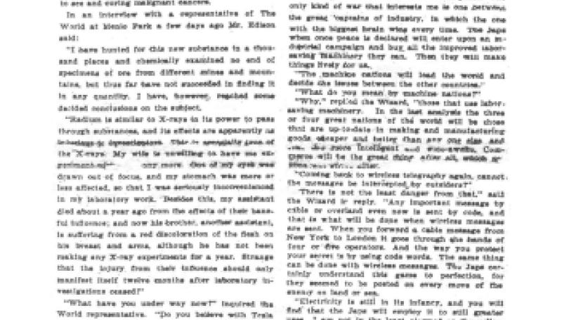 Preview of Thomas A. Edison Talks of His Search for Radium and of the Future of Electricity article