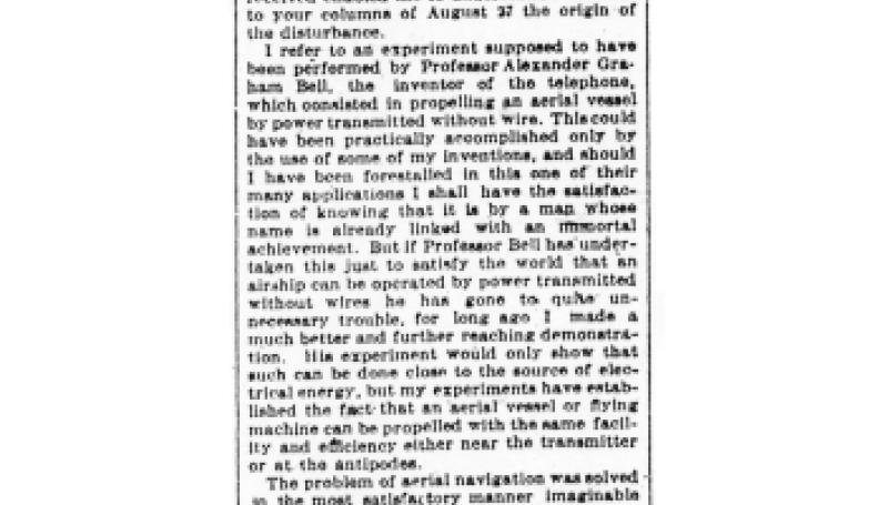 Preview of Wireless Aerial Navigation - Mr. Tesla's Experiments Antedating Those of Professor Bell article