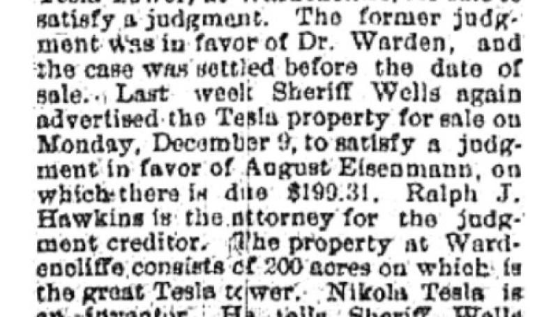 Preview of Sheriff to Sell Tesla's Tower Again article