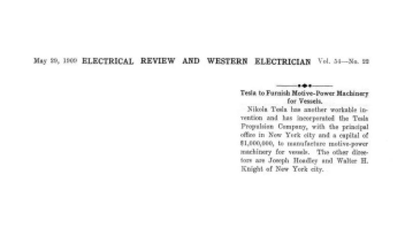 Preview of Tesla to Furnish Motive-Power Machinery for Vessels (reprint) article
