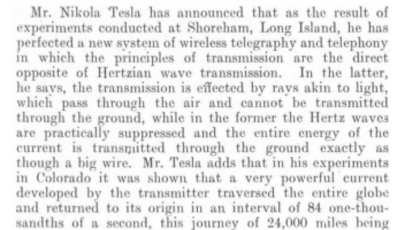 Preview of Nikola Tesla's New Wireless article