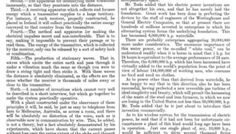 Preview of Notes of Discussion with Tesla on Wireless Transmission of Electric Power article