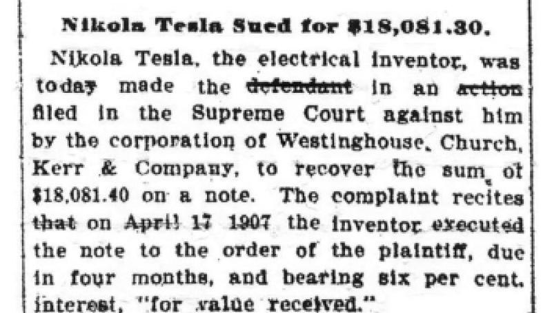 Preview of Nikola Tesla Sued for $18,081.30 article
