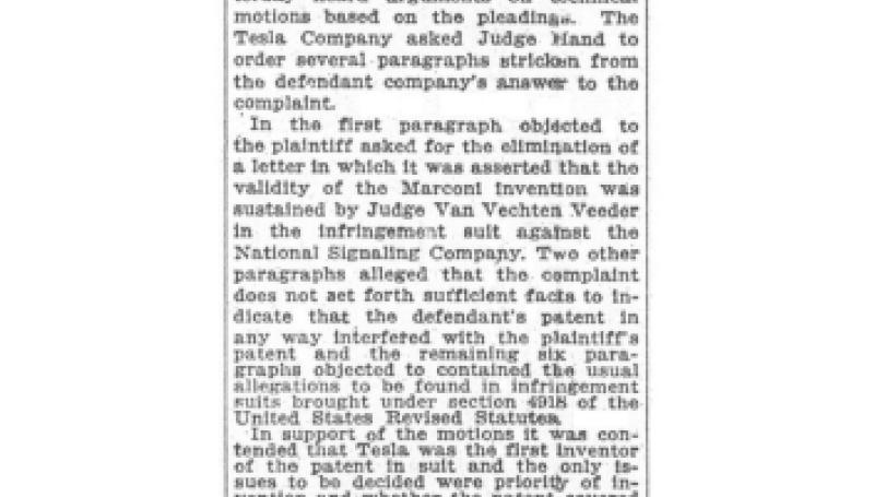 Preview of Motions in Tesla Suit - Plaintiff Asks The Parts of Marconi Answer Be Stricken Out article