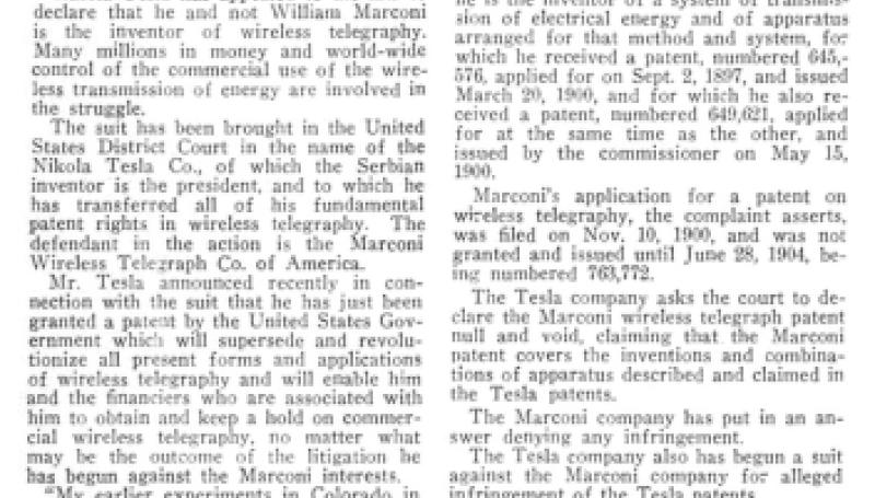 Preview of Tesla Sues Marconi for Wireless Control article