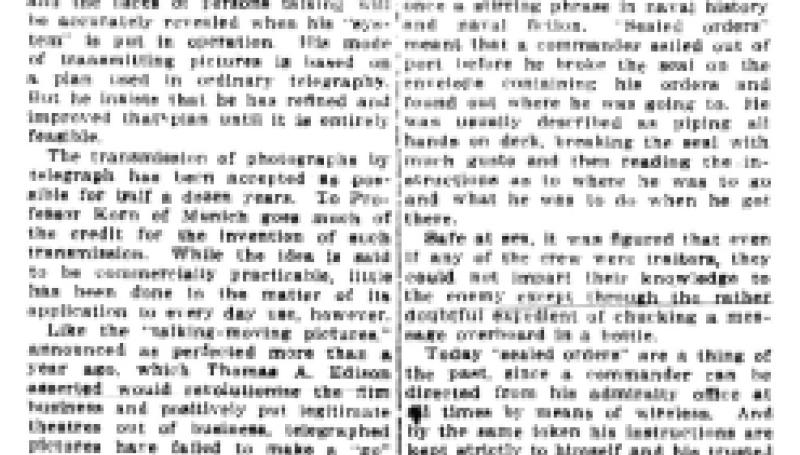 Preview of Nikola Tesla Harnesses Static to 'Phone and Sends Pictures by Wireless Telegraphy article