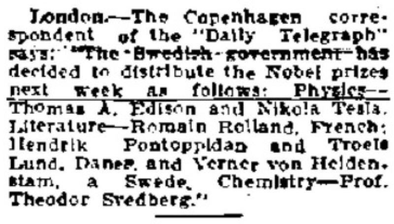 Preview of Edison and Tesla To Get Nobel Prizes (reprint) article