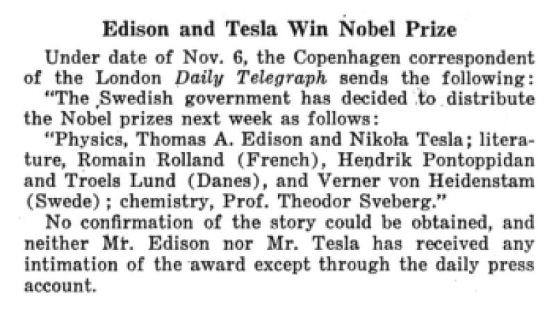 Preview of Edison and Tesla Win Nobel Prize article