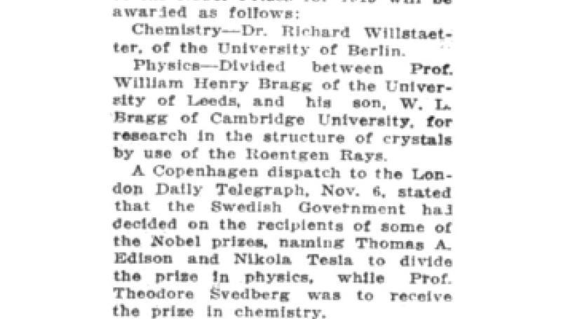 Preview of Englishman and Son to Divide 1915 Nobel Prize for Physics article