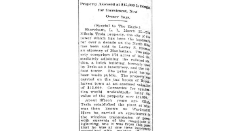 Preview of Nikola Tesla Tower at Shoreham Sold article