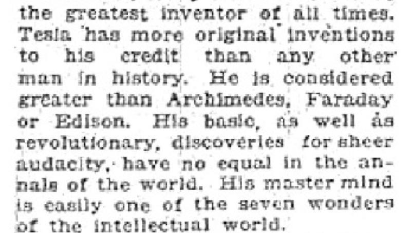 Preview of Nikola Tesla Conceded to Be Greatest Inventor of All Times article