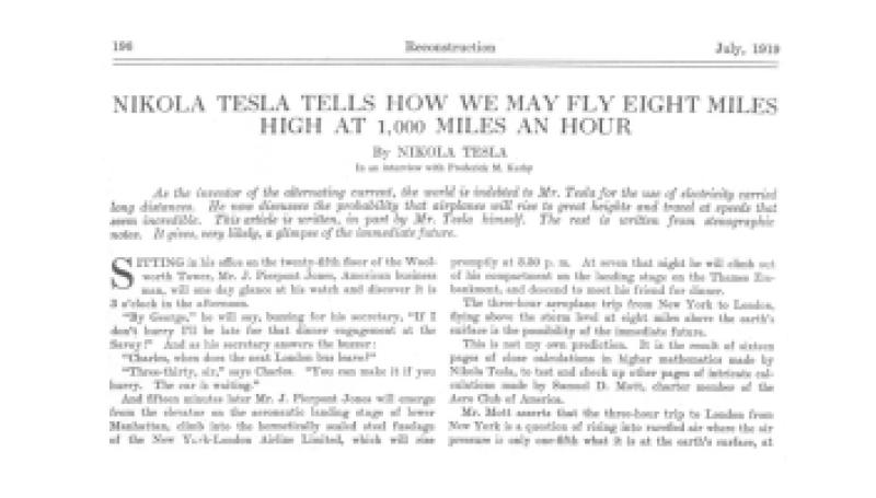 Preview of Nikola Tesla Tells How We May Fly Eight Miles High at 1,000 Miles an Hour article