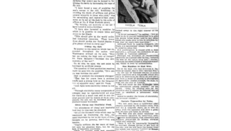 Preview of World Fed by Electricity to Defeat High Living Cost, Is Plan of Nikola Tesla article