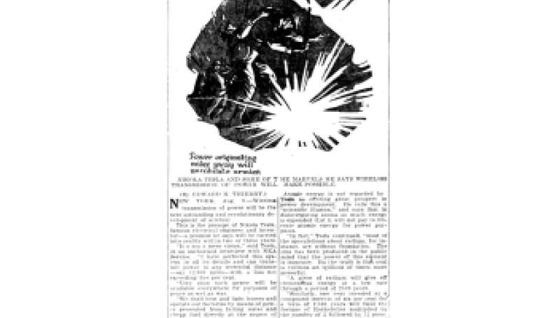 Preview of Power Flashed Through Space by Radio Will Run World, Says Tesla article