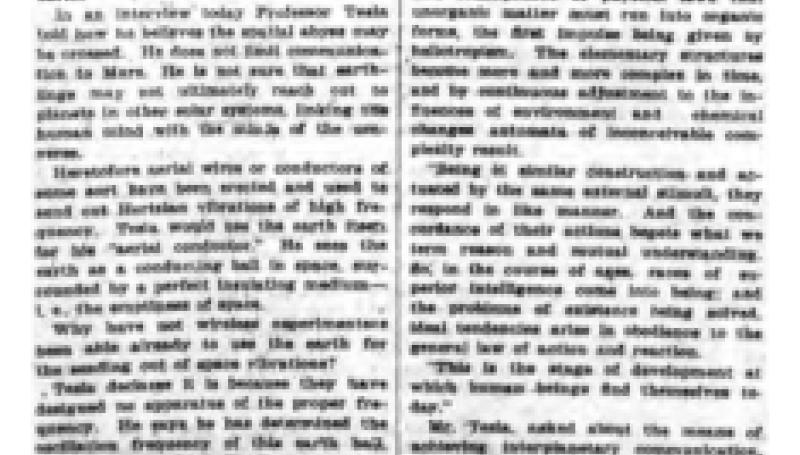 Preview of Linking Minds on All Planets, Hope Held by Tesla, Inventor article