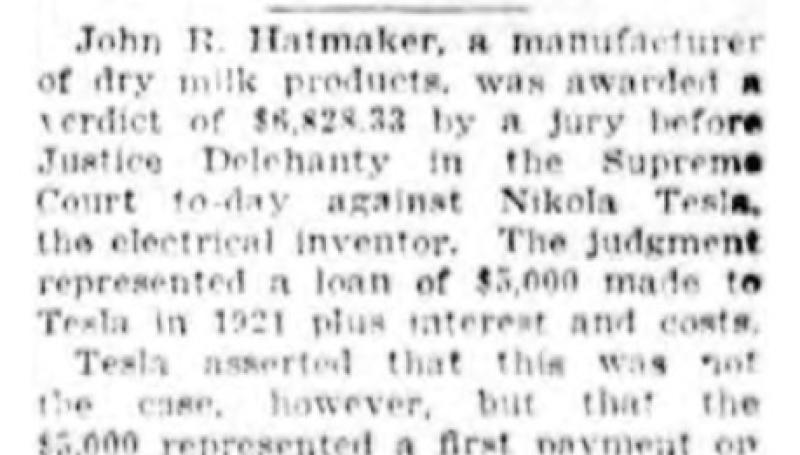 Preview of Nikola Tesla Loses $6,828 Verdict in Loan Case article